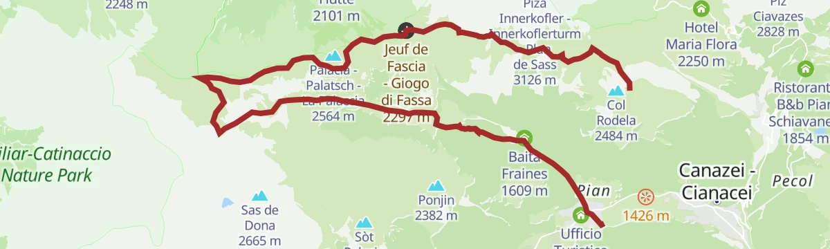 Route map: Campitello (Col Rodella) - Friedrich August Weg - Duron Pass - Val Duron - Campitello